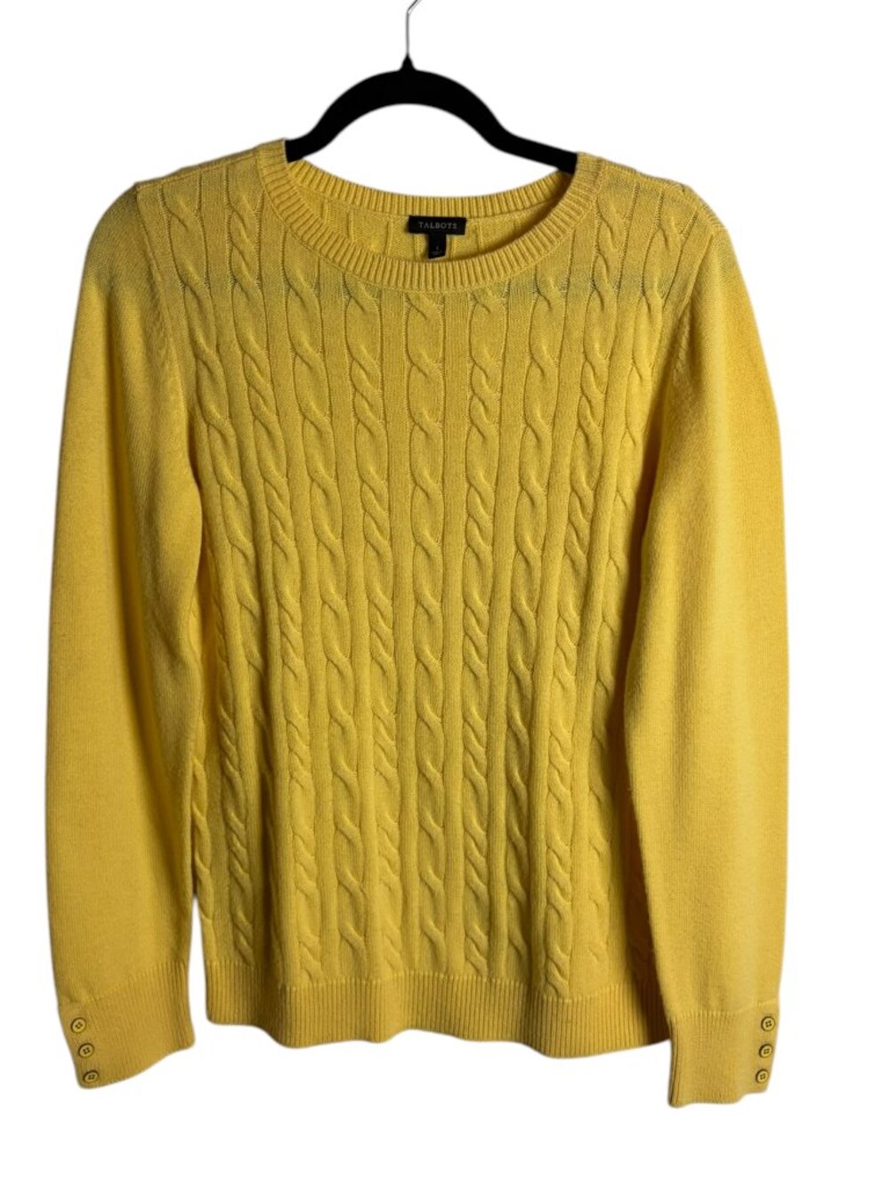 Talbots Size L Yellow Cable Knit Sweater Lambswool Preppy Classic Office Casual